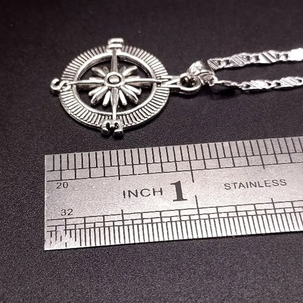 925 Silver Necklace W/ Ornate Compass Pendant Navigation Vtg Men's Birthday Gift